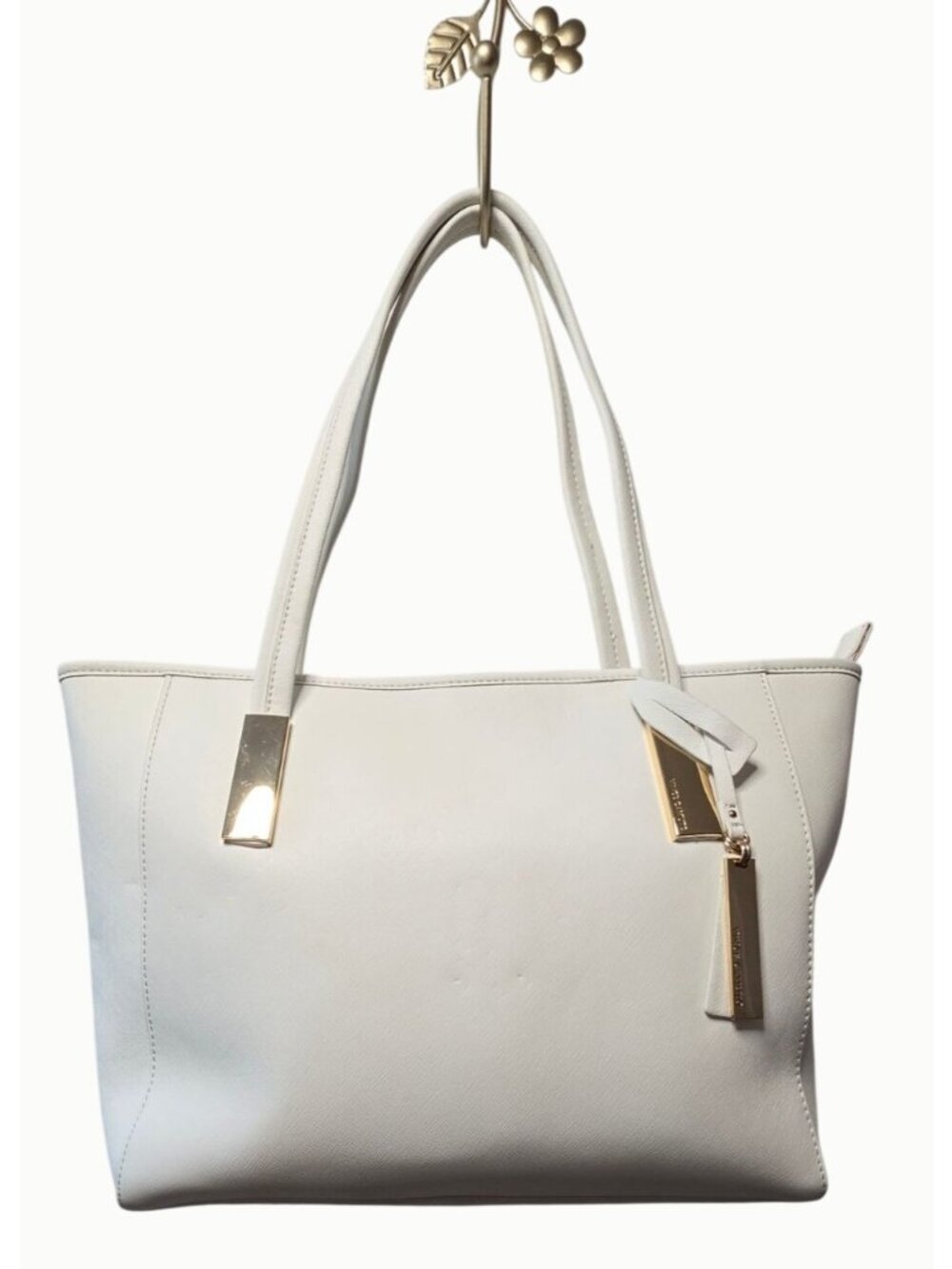 Vince Camuto Lenni Tote Snow White Genuine Saffiano Leather Gold Zip Work Bag